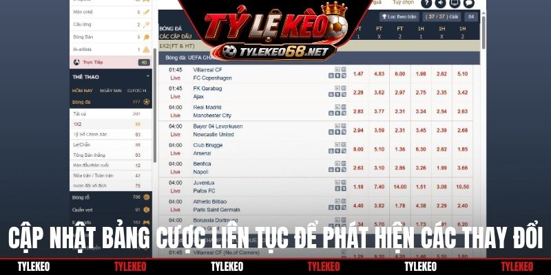 Cập nhật bảng cược liên tục để phát hiện các thay đổi